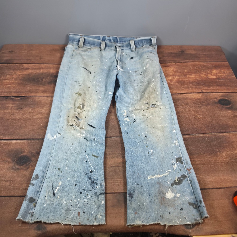 70's Levi's Distressed Jeans Mens 32x24 Light Blue Orange Tab Paint Splatter
